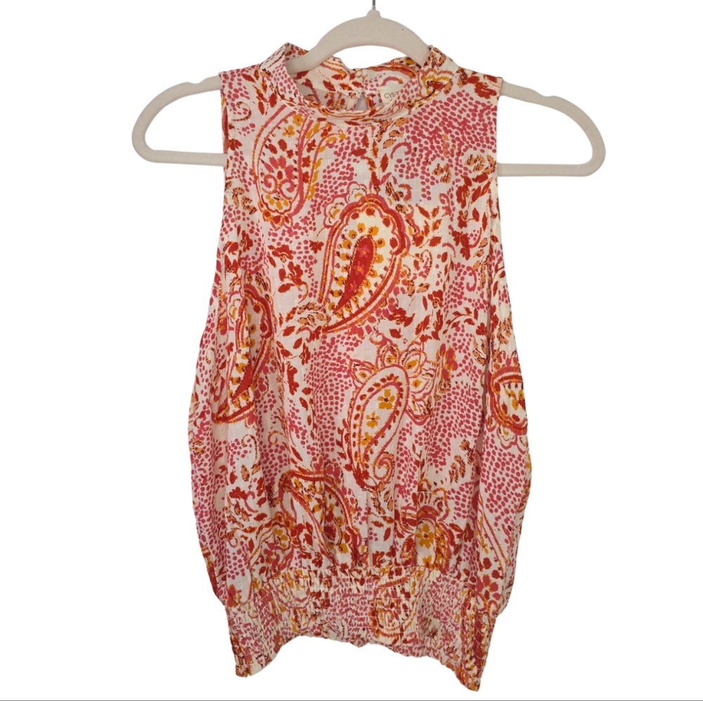 Cynthia Rowley Paisley Mock Neck Smocked Blouse Sleeveless | Size M | NWT